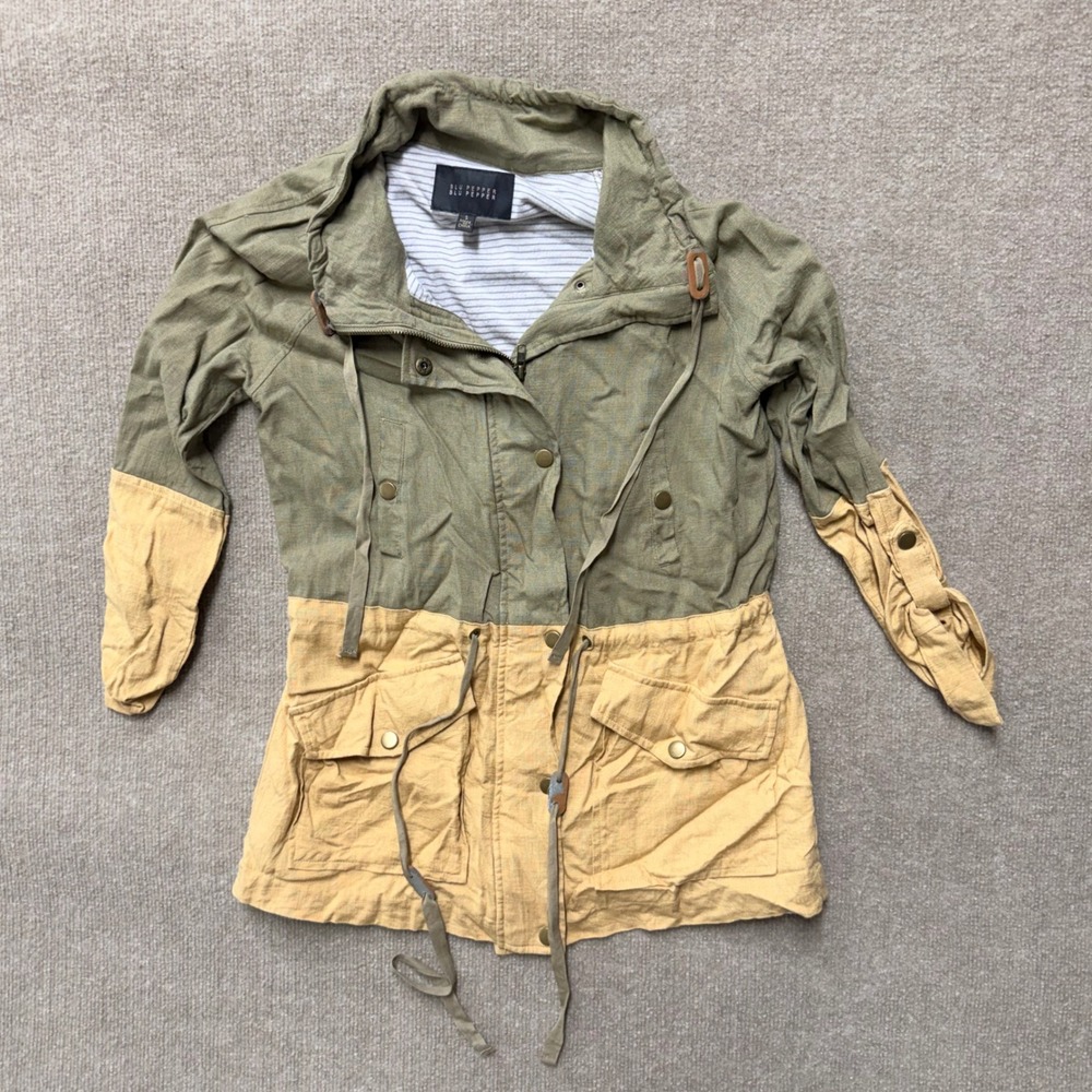 Blu Pepper Womens Utility Jacket Colorblock Green Yellow Cotton Blend Small S